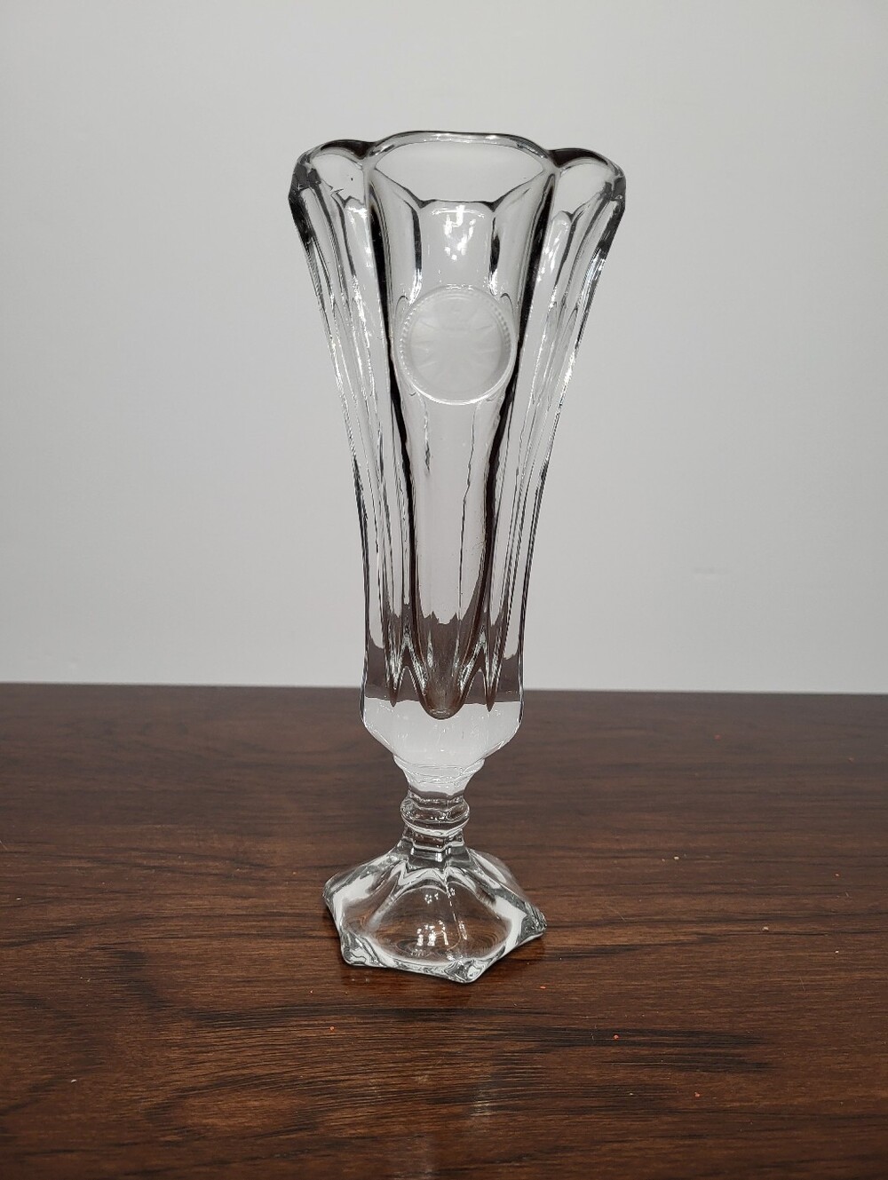 Vintage Fostoria Glass Clear Coin Vase Torch Eagle And Liberty Bell 8”